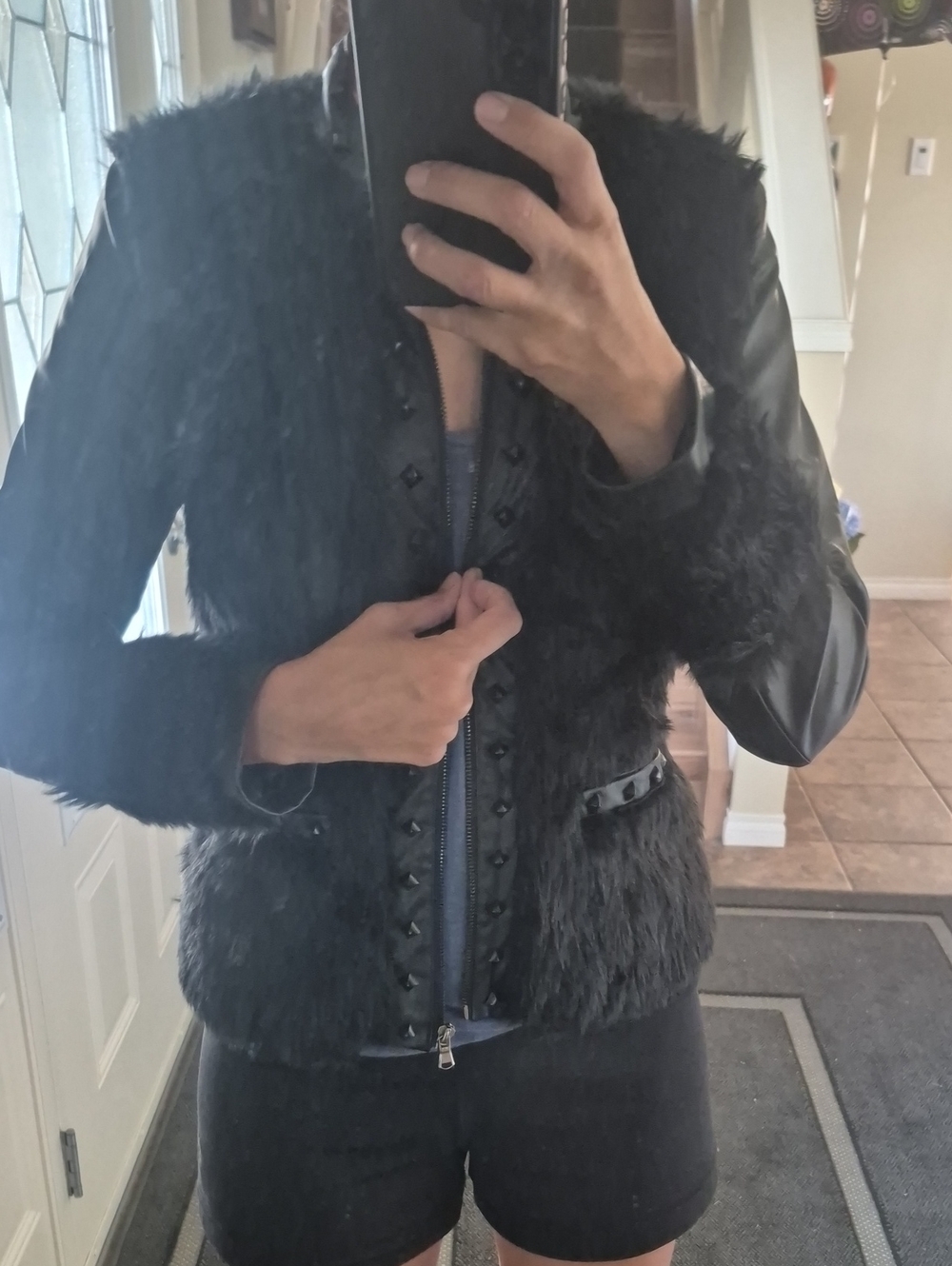 Nwt Black Faux Fur Teddy Jacket with Leather Trim Italy